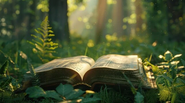 An open Bible resting on mossy ground in a sunlit forest