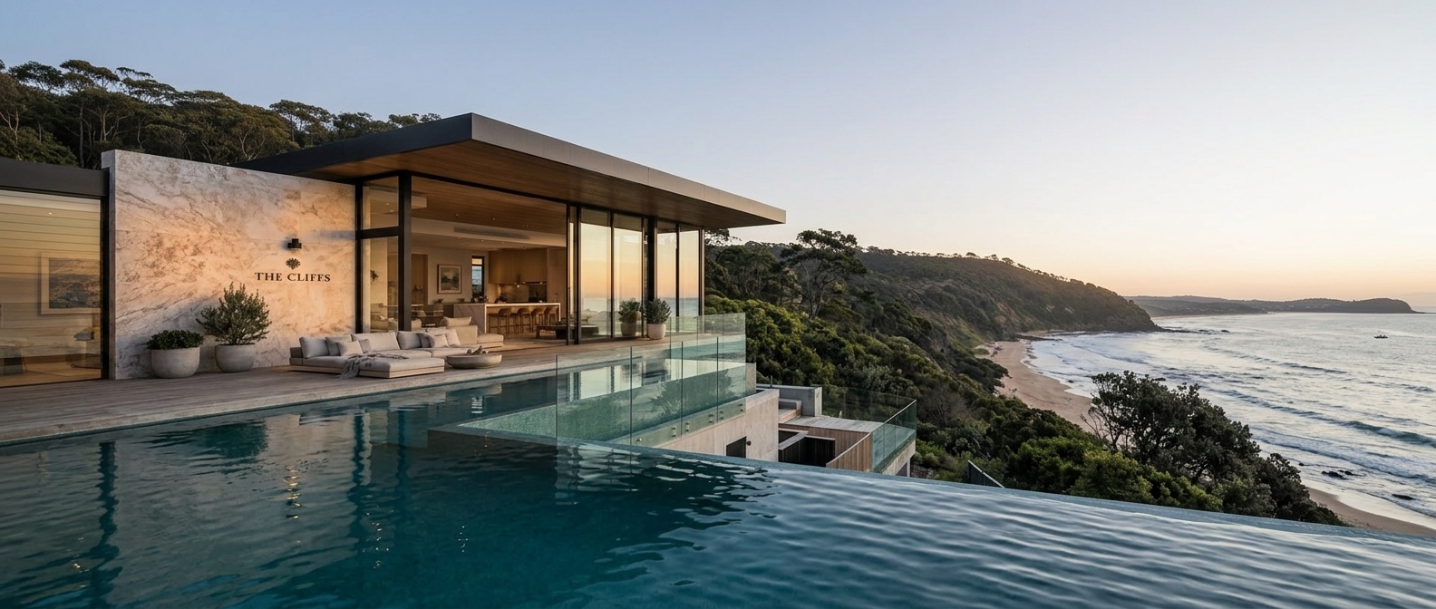 The Cliffs, Tasmania's east coast — the house standing on the headland above the dolerite columns, the Tasman Sea beyond.