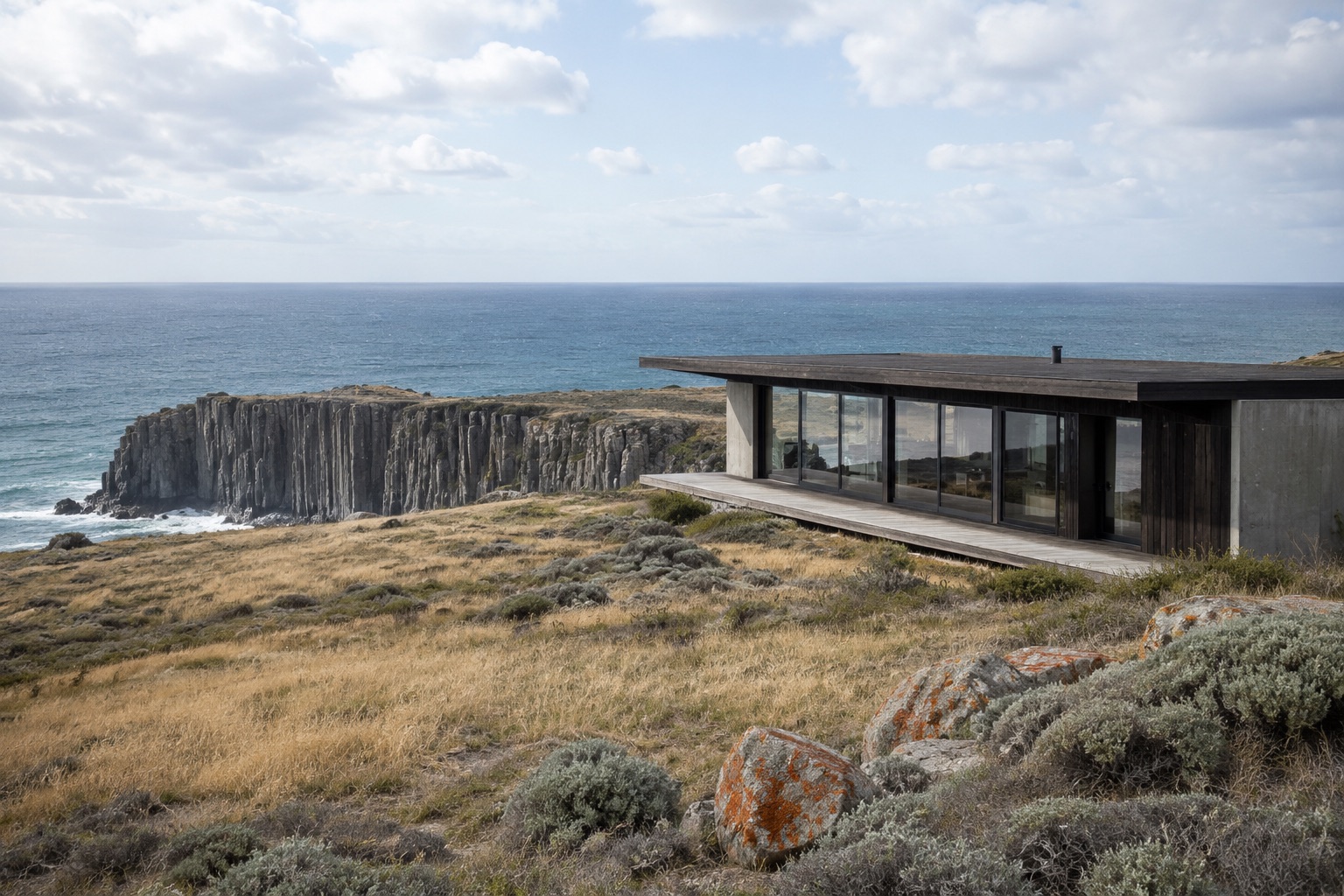 A low dark-timber and glass house on a grassed headland, with dolerite sea cliffs and the Tasman Sea beyond.